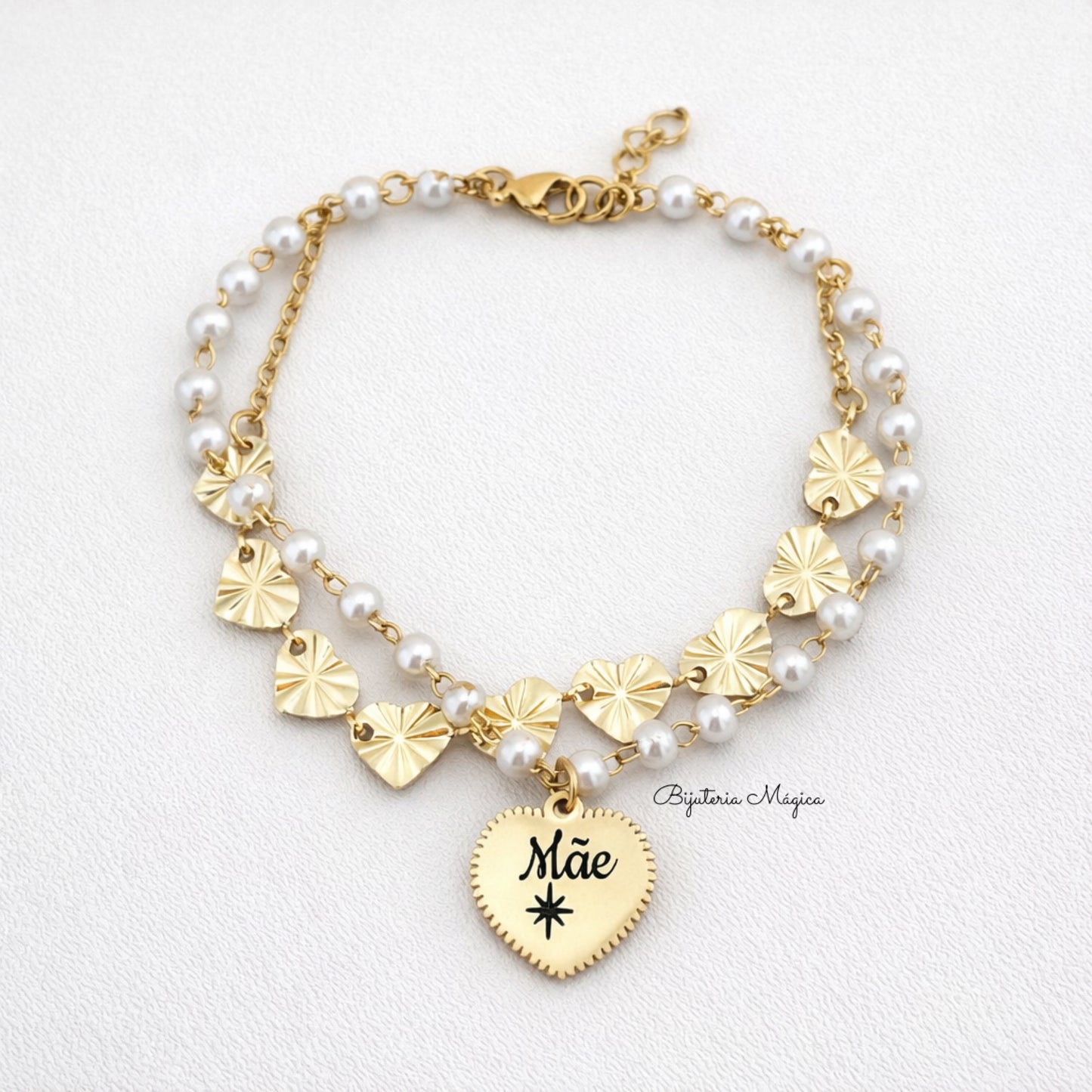 Pulseira Mãe Pérolas & Corações Dourada