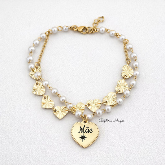 Pulseira Mãe Pérolas & Corações Dourada