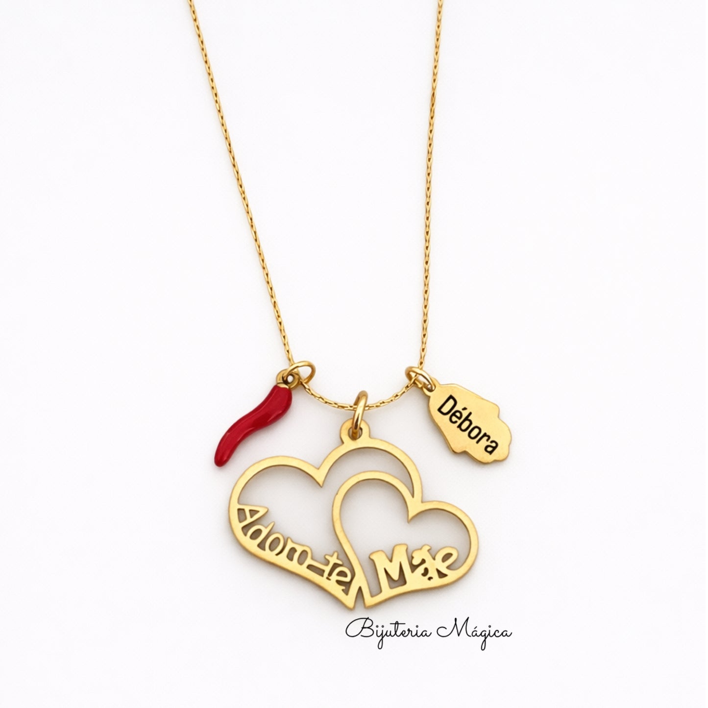 Colar Adoro-te Mãe com Mão de Fátima Personalizada