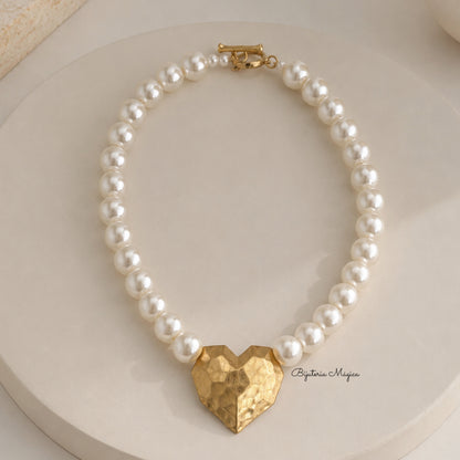 Colar Pérola Coração Dourado