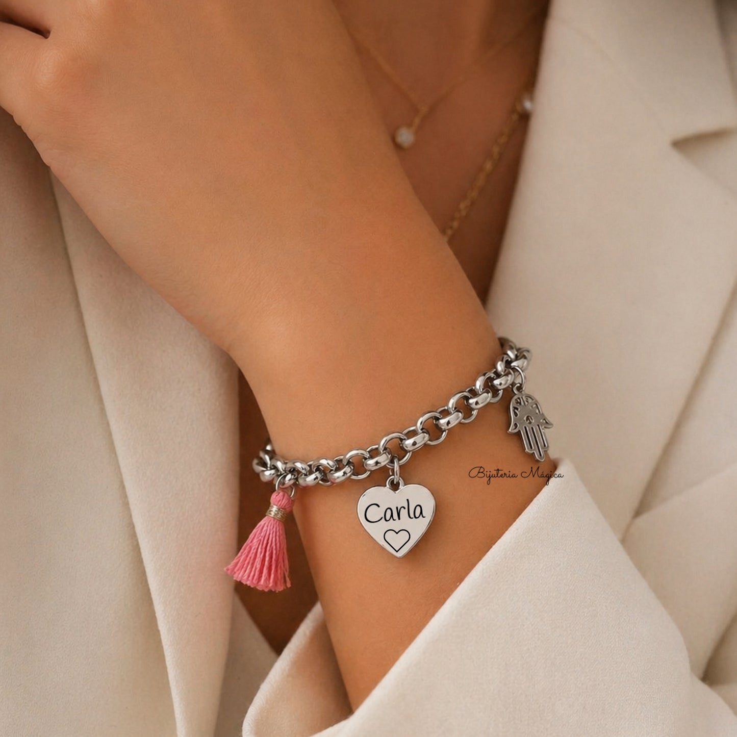 Pulseira Personalizada Coração & Amuleto