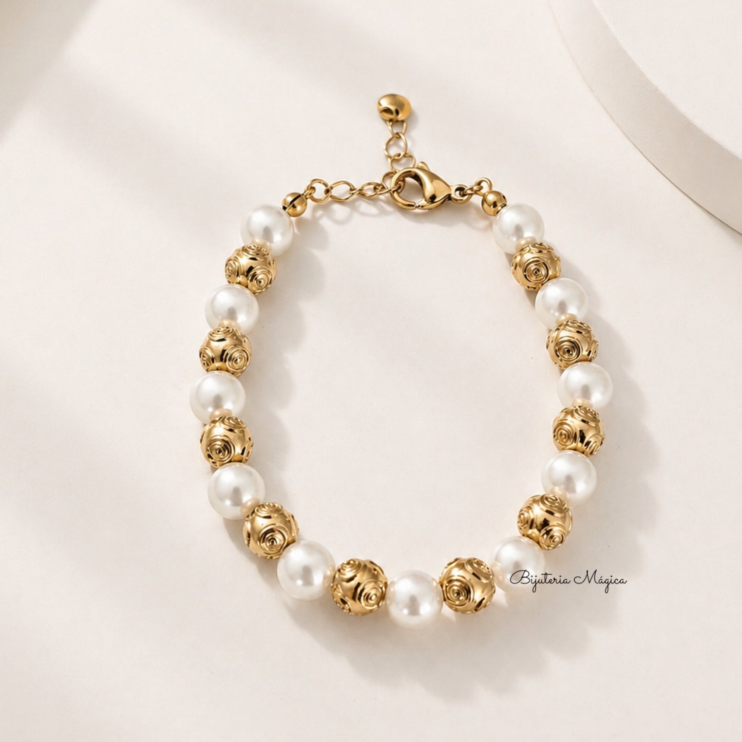 Pulseira Pérolas com Bola de Viana em Aço Inoxidável