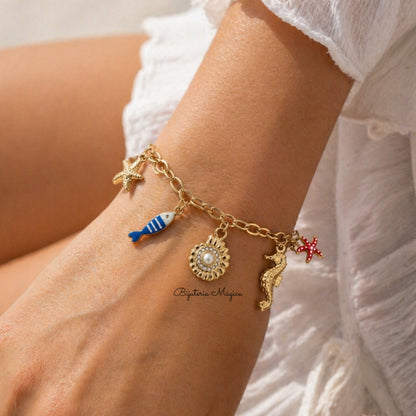 Pulseira Charms Marinhos Dourada em Aço Inoxidável