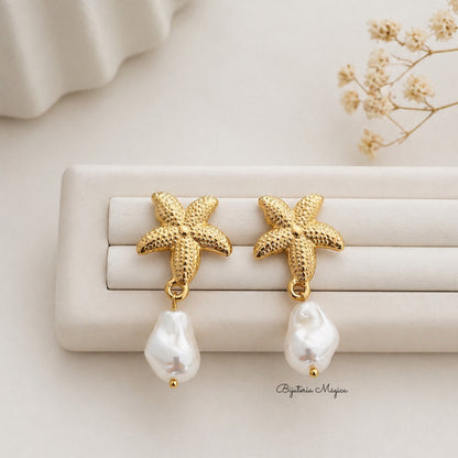 Brincos Estrela do Mar com Pérola em Aço