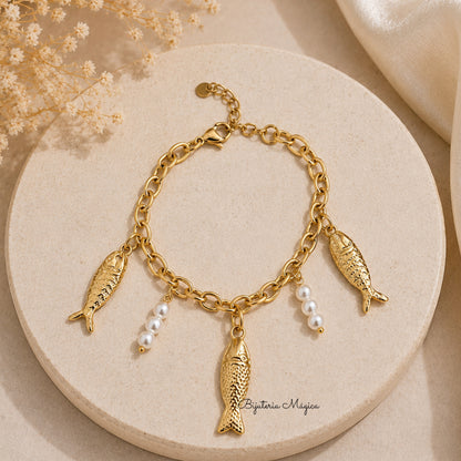 Pulseira Peixinhos & Pérolas Dourada