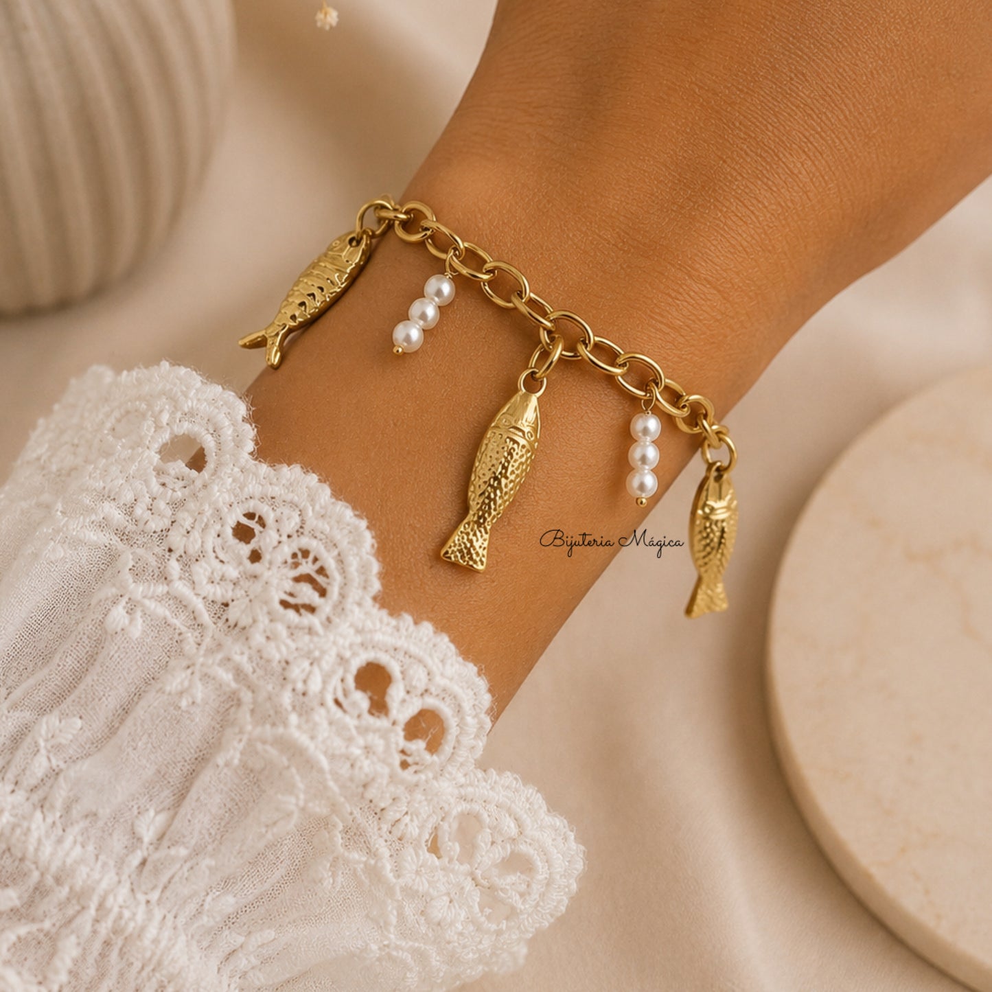 Pulseira Peixinhos & Pérolas Dourada