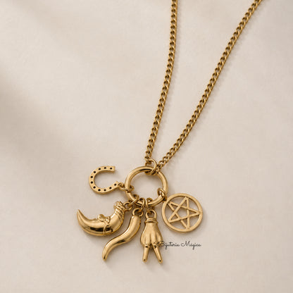 Colar Amuletos de Proteção Dourado em Aço