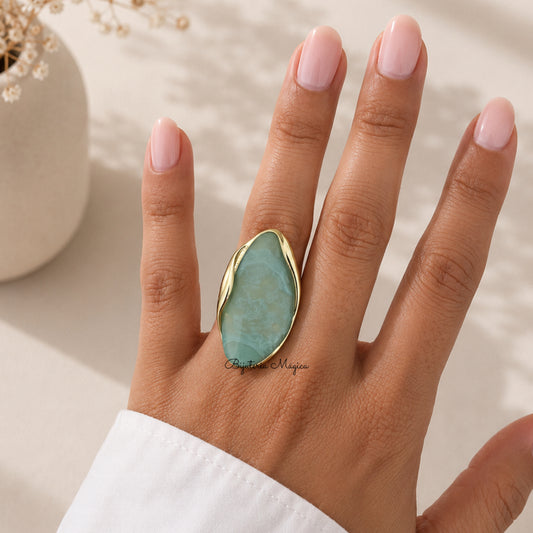 Anel Ajustável com Pedra Verde em Aço Inoxidável