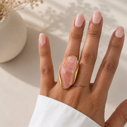 Anel Ajustável com Pedra Rosa em Aço Inoxidável