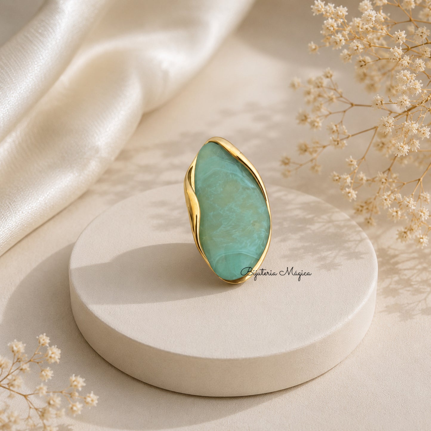 Anel Ajustável com Pedra Verde em Aço Inoxidável