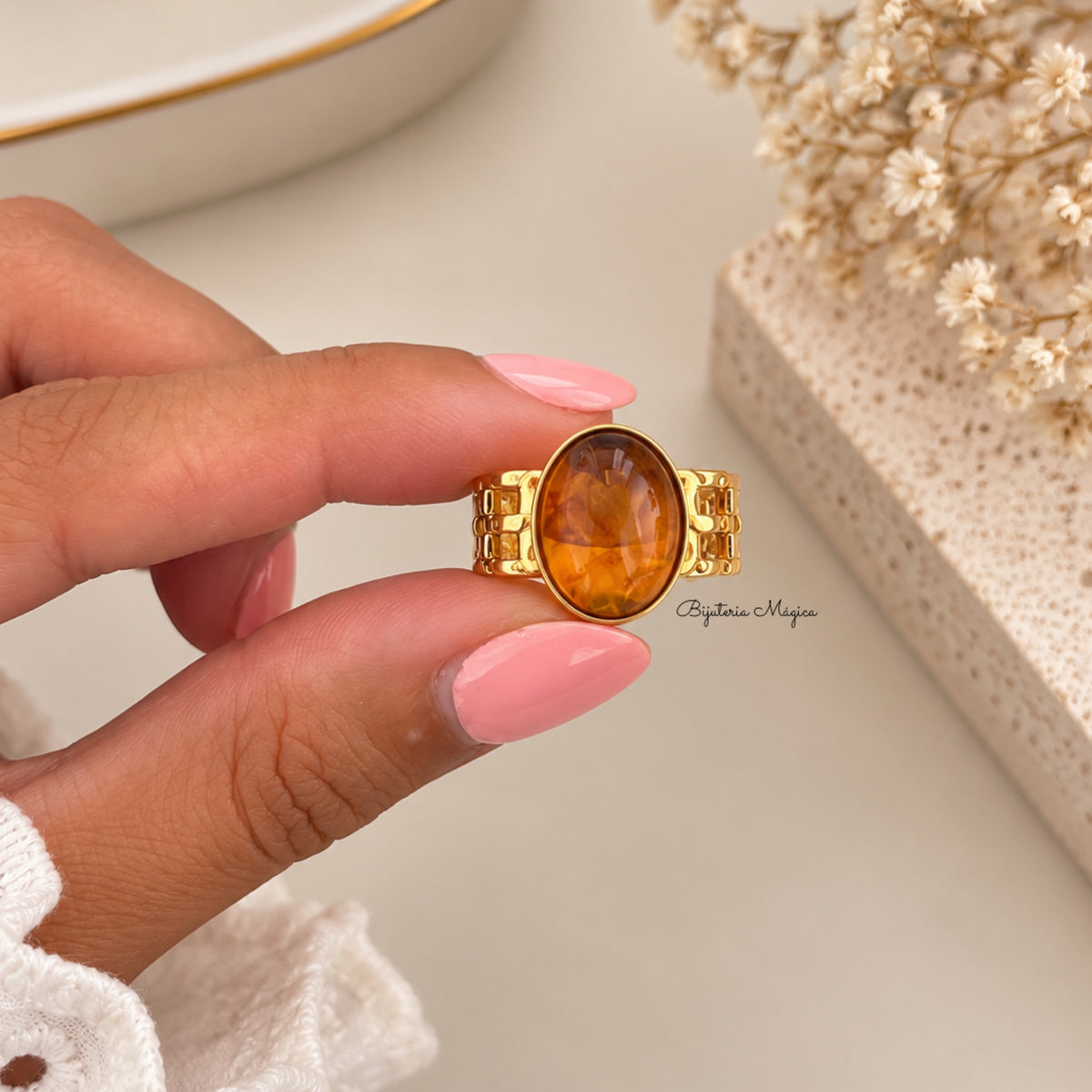 Anel Âmbar Dourado