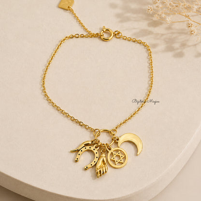 Pulseira Amuletos da Sorte Dourada em Aço Inoxidável