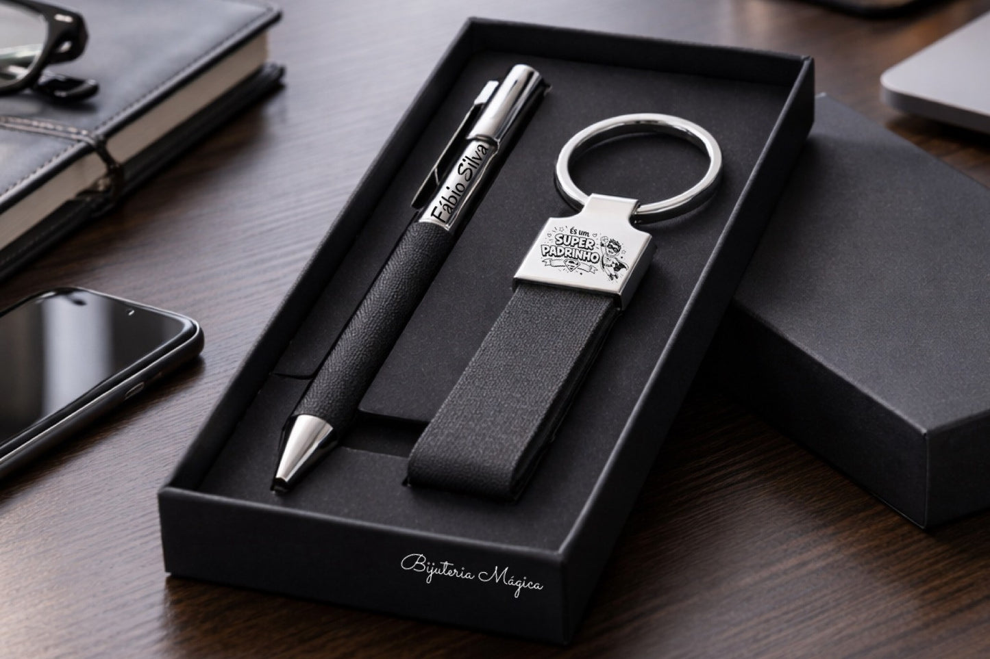 Conjunto Presente Padrinho – Caneta e Porta-Chaves Personalizados