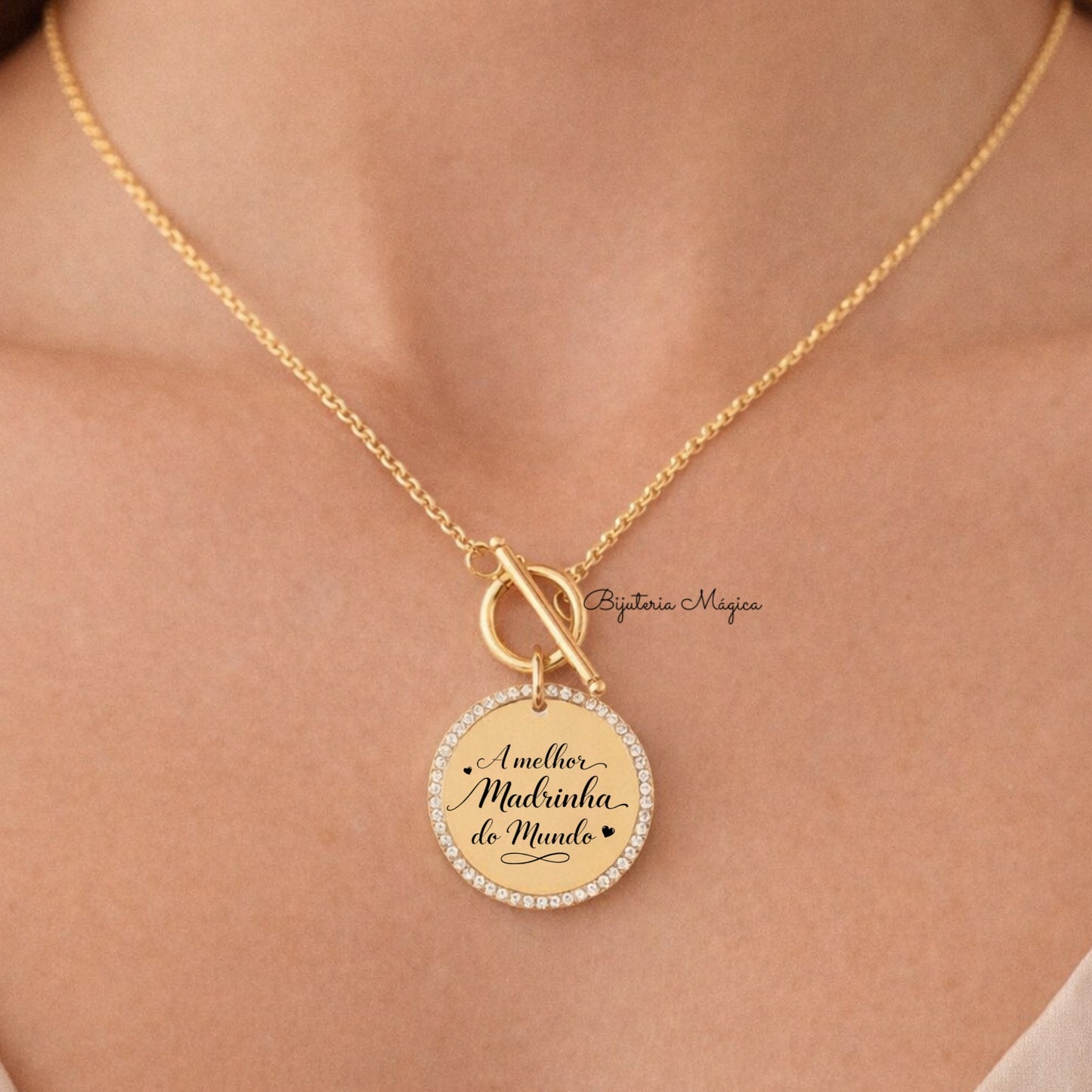 Colar Madrinha Medalha Brilhante em Aço Inoxidável