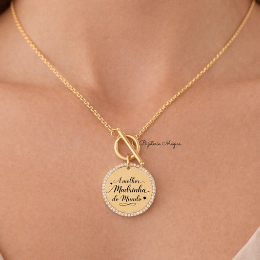 Colar Madrinha Medalha Brilhante em Aço Inoxidável