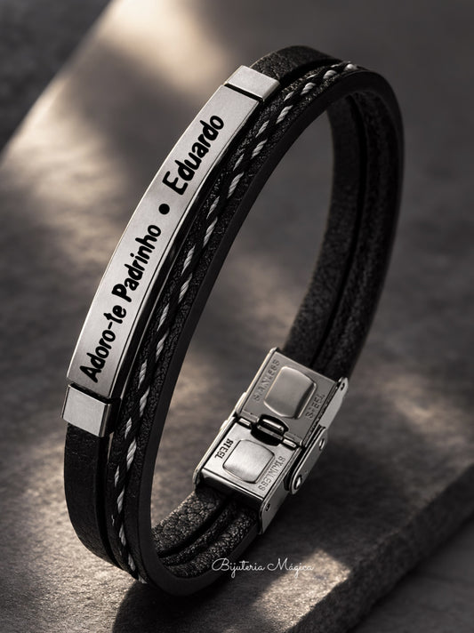 Pulseira Padrinho Personalizada Aço e Pele