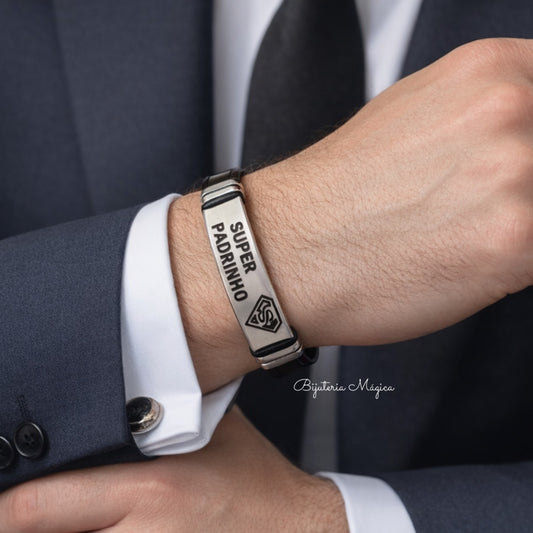 Pulseira Super Padrinho em Aço e Pele Sintética