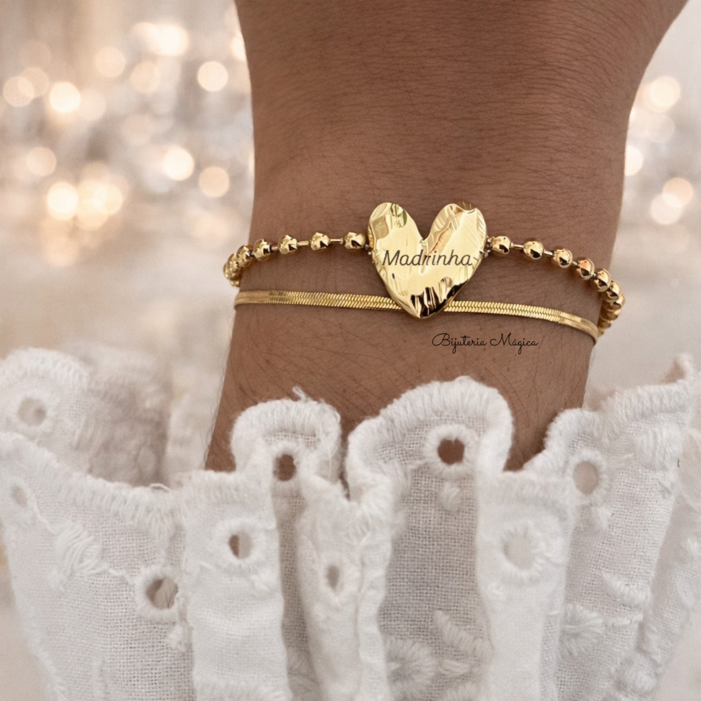 Pulseira Dupla Madrinha Coração em Aço Inoxidável