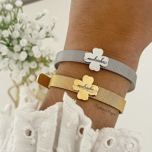 Pulseira Madrinha Trevo Ajustável em Aço