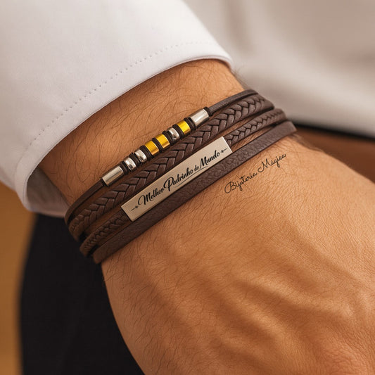 Pulseira Melhor Padrinho do Mundo Multivoltas Castanha em Aço e PU
