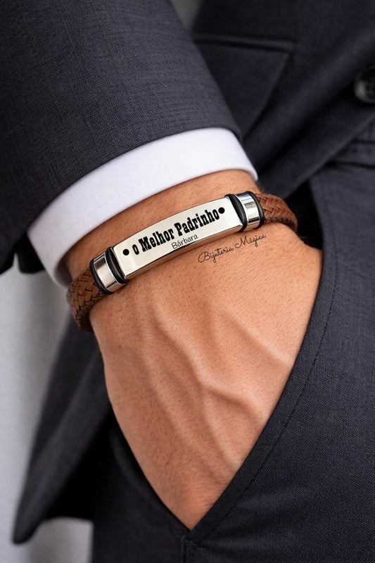 Pulseira Padrinho Castanha Personalizada em Aço e PU