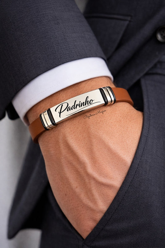 Pulseira Padrinho Castanha em Aço e PU