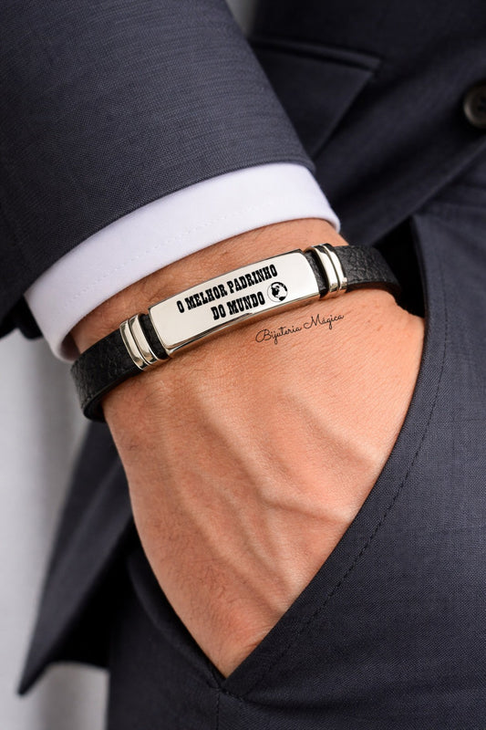 Pulseira O Melhor Padrinho do Mundo em Aço e PU