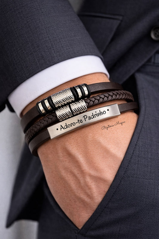 Pulseira Adoro-te Padrinho Multivoltas em Aço e PU Castanha