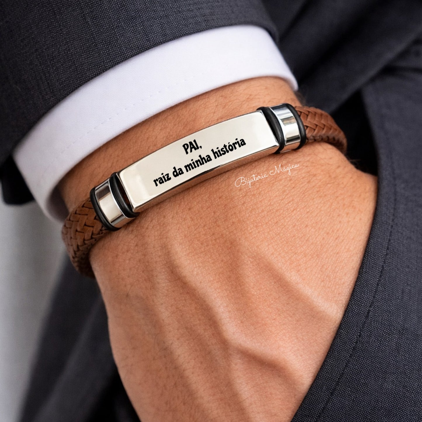Pulseira Pai Raiz – Couro Castanho e Aço Personalizável