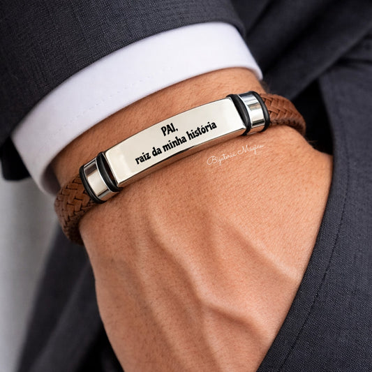 Pulseira Pai Raiz – Couro Castanho e Aço Personalizável