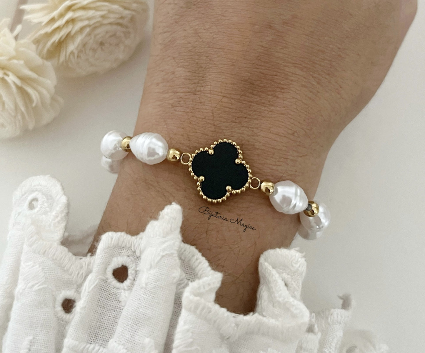 Black Clover Bracelet with Pearls