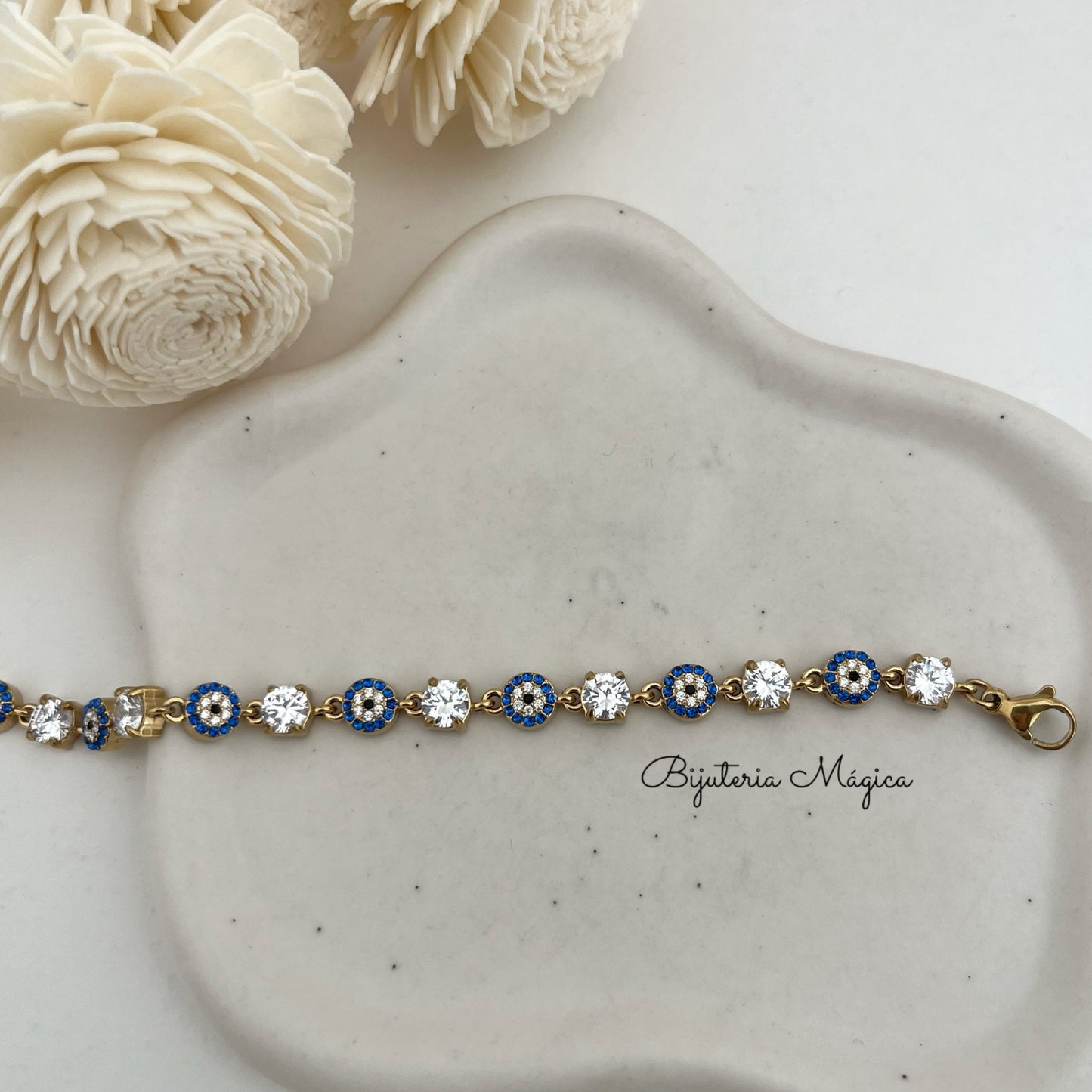 Pulseira Dourada Olho com Cristais