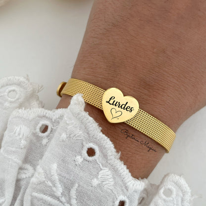 Pulseira Malha com Coração Personalizável