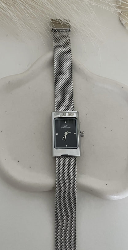 Silver Square Watch with Black Dial