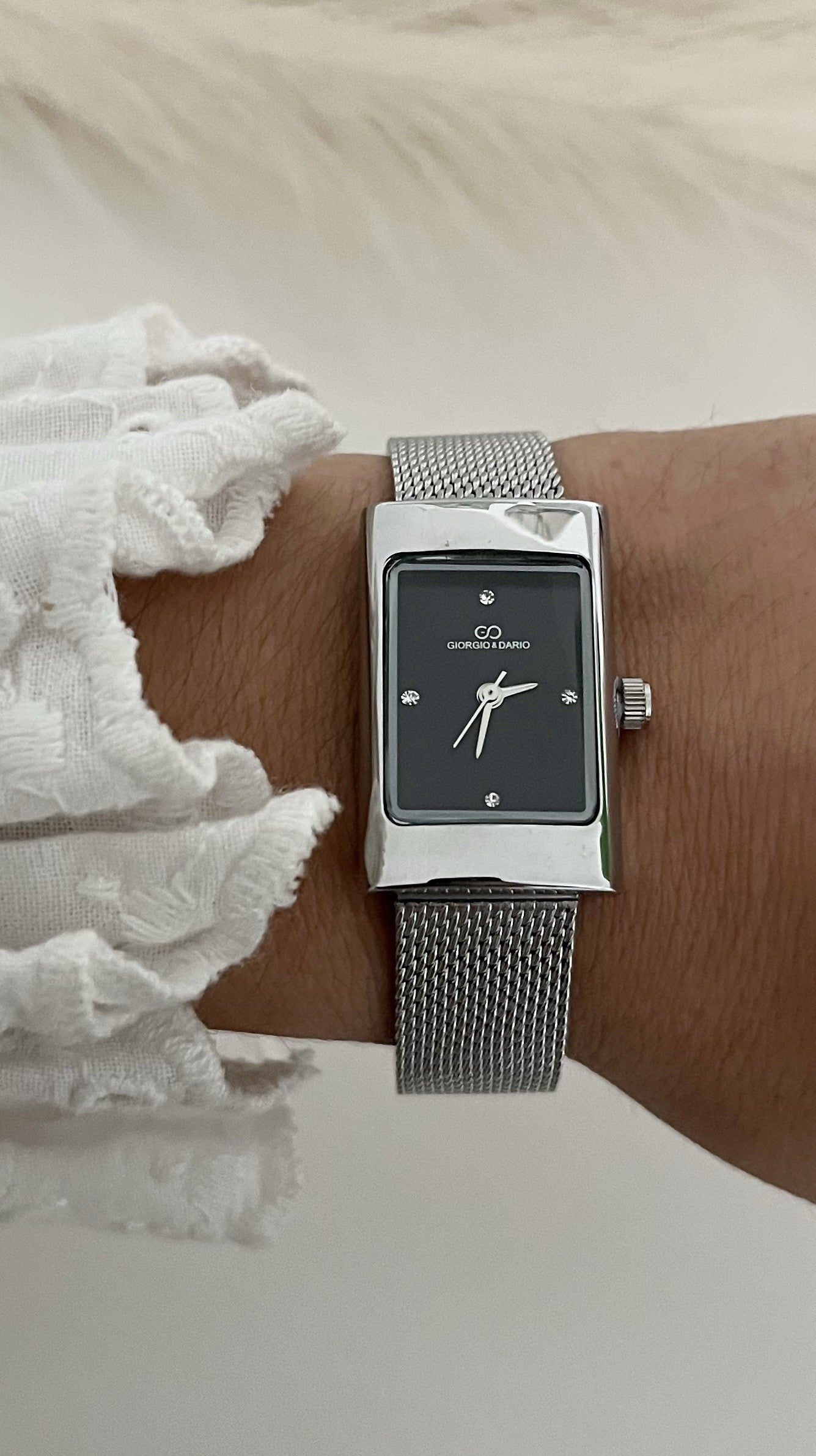 Silver Square Watch with Black Dial